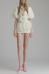 High Waist Ruched 3D Floral Mini Dress