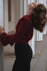 Ruffled Collar Flare Sleeve Knit Sweater Red / S