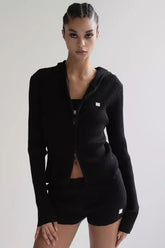 Zip Up Cropped Hooded Knit Sweater Black / S