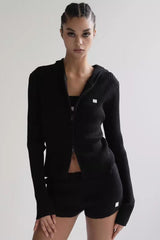 Zip Up Cropped Hooded Knit Sweater Black / S