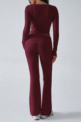 Casual V Neck Flared Stretch Two Piece Pants Set