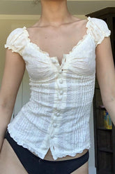 Lace Trim V Neck Button Front Slim Blouse