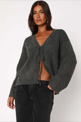 V Neck Tie Front Knit Cardigan Sweater Grey / S