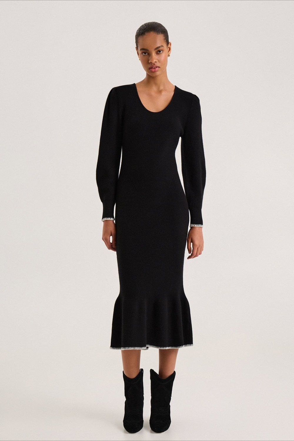 Contrast Trim Ruffle Sweater Dress S / Black