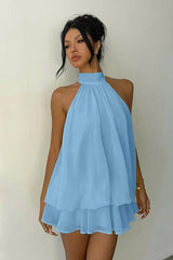 Sexy Backless Halter Tie Waist Slim Fit Ruffled Mini Dress