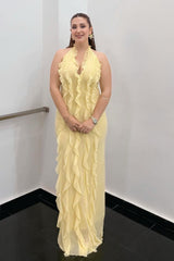 Solid Halter Deep V Back Lace Detail Long Prom Dress