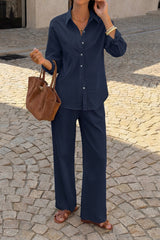 Casual Solid Long Sleeve Shirt Pants Set