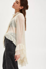 Sheer Flare Sleeve Tie Blouse