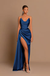 Satin Deep V Corset Slit Formal Dress XS / Navy blue