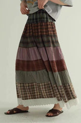 Vintage Plaid Patchwork Flared Boho Skirt