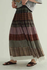 Vintage Plaid Patchwork Flared Boho Skirt