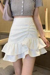 High Waist Pink Flounce Hem Asymmetrical Skirt