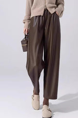 Slim PU Leather Elastic Waist Straight Pants