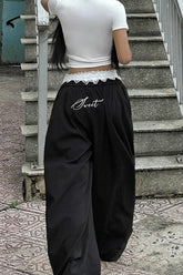 Contrast Waist Lace Trim Relaxed Long Pants