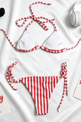 Retro Striped Print Triangle Tie Bikini Set
