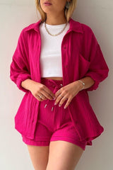 Textured Lapel Long Sleeve Top High Waist Shorts Set