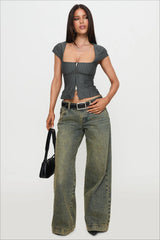 Vintage Square Neck Two Way Zip Stripe Crop Top