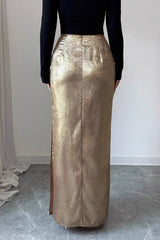 Metallic Ruched Slit Bodycon Pencil Skirt