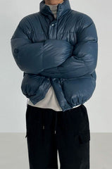 Classic Collar Cropped Solid Puffer Jacket M / Navy blue