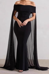 Strapless Cape Long Formal Dress XS / Black