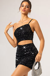 One Shoulder Sequin Backless Mini Dress