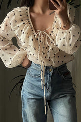 Chiffon Bow Tie Dot Print Blouse