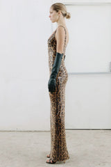 Leopard Sequin Sheer Cape Spaghetti Strap Backless Prom Dress