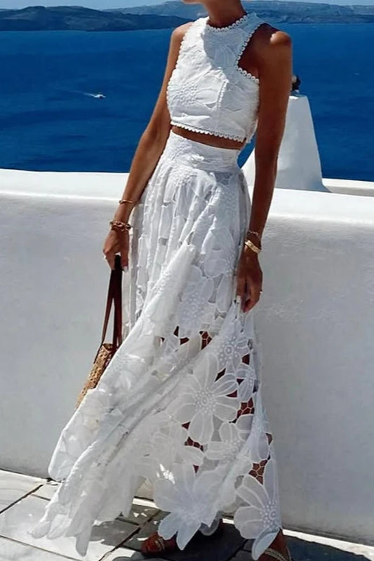 Lace Hollow Out Loose Beach Two Piece Boho Dress