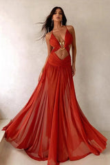 Mesh Hollow Out Boho Dress Red / S