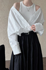 Off Shoulder Structured Peplum Mock Two Piece Blouse