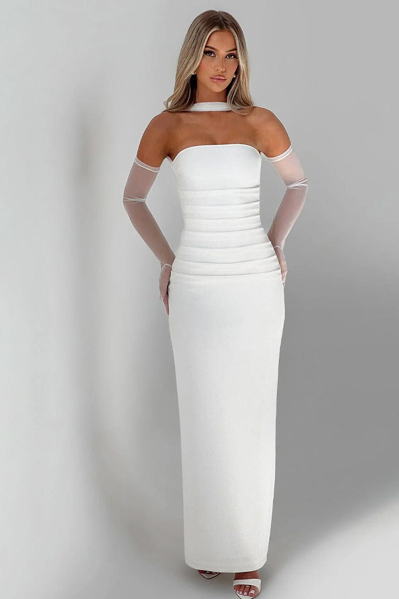 Sheer Sleeve Bustier Gown Formal Dress