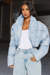 Printed Color Block Crop Quilted Puffer Jacket S / Blue