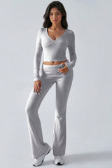 Casual V Neck Flared Stretch Two Piece Pants Set