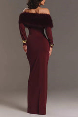 Fur Collar Off Shoulder Bodycon Dress