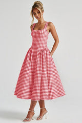 Plaid Printed Ruched Backless Spaghetti Strap Prom Dress