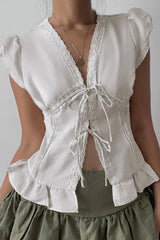 Lace Paneled Ruched Puff Sleeve Tie Blouse