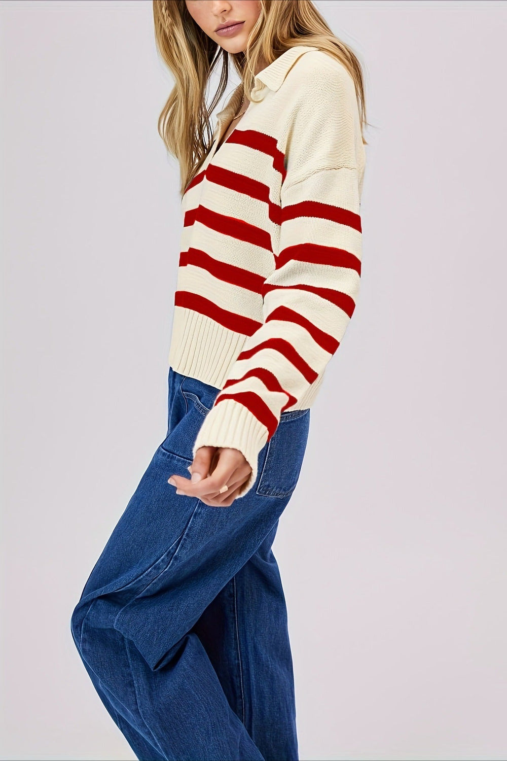 Striped Wool Collar V Neck Sweater