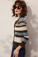 Striped Knit Turn down Collar Cardigan