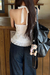 White Lace Trim V Neck Halter Waist Tie Tank Top