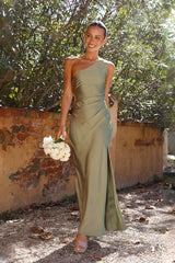 Satin Asymmetrical Shoulder High Slit Slim Fit Elegant Prom Dress