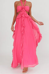 Backless Lace Up Ruffle Strapless Maxi Prom Dress