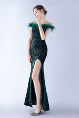 Velvet Sequin Ostrich Feather Off Shoulder Formal Dress