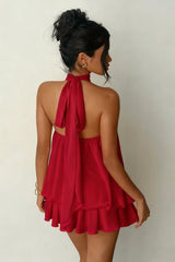 Sexy Backless Halter Tie Waist Slim Fit Ruffled Mini Dress