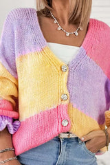 Colorblock Knit V Neck Cardigan Pink / S