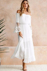Flare Sleeve Off Shoulder Boho Dress White / S