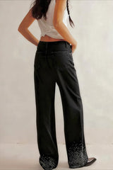 Black Denim Stretch Rhinestone Straight Pants