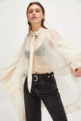 Sheer Flare Sleeve Tie Blouse