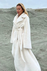 Long Notched Lapel Belted Rabbit Faux Fur Overcoat
