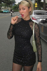 Solid Turtleneck Long Sleeve Lace Rhinestone Bodycon Mini Dress