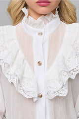 Lace Trim Stand Collar Chiffon Blouse